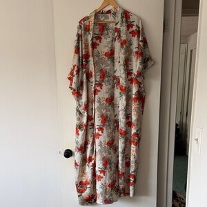 Easel Floral Maxi Kimono with Red and Green Accents